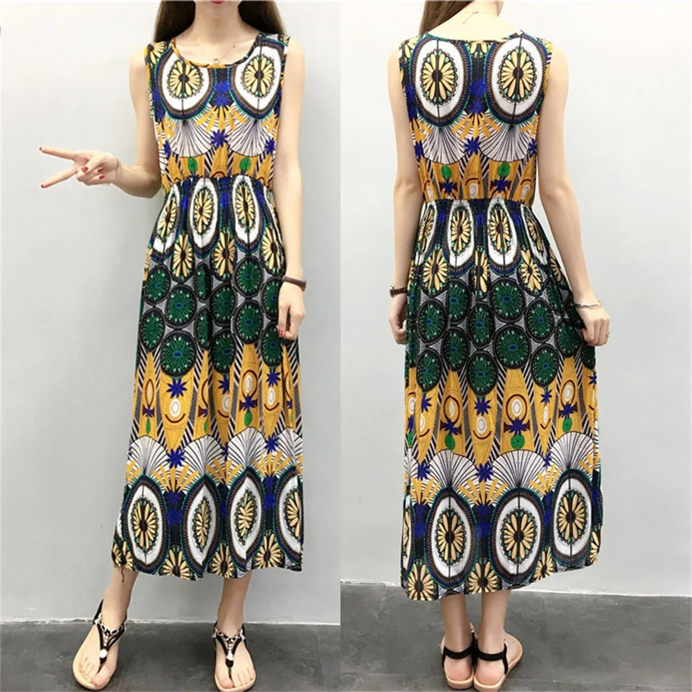 Летние богемные женские платья с О-образный воротник без рукавов женский Платье