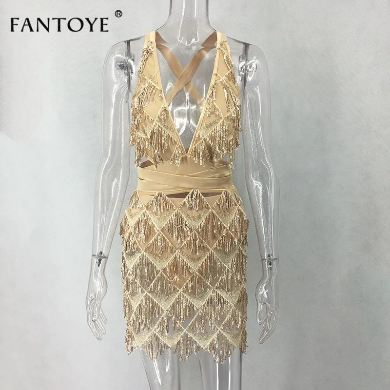 Gold Fantoye спинки золотые блестки Bodycon платье для женщин кружево до Глубокий V средства ухода за кожей Шеи Пикантные мини клуб Рождественская повязка платья - Цвет: Gold