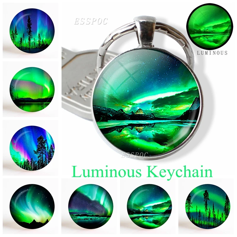 Northern Lights Aurora Photo Round Keychain Luminous Glass Cabochon Jewelry Handmade Supply for Pendant Fashion Key Chain Gift | Украшения