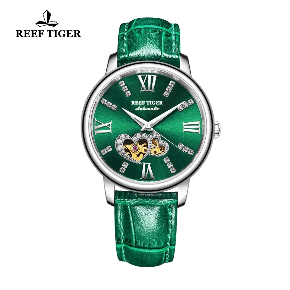 Reef Tiger/RT New Design Fashion Ladies Watch Rose Gold Green Dial Mechanical Watch Leather Band Montre Femme RGA1580 enlarge