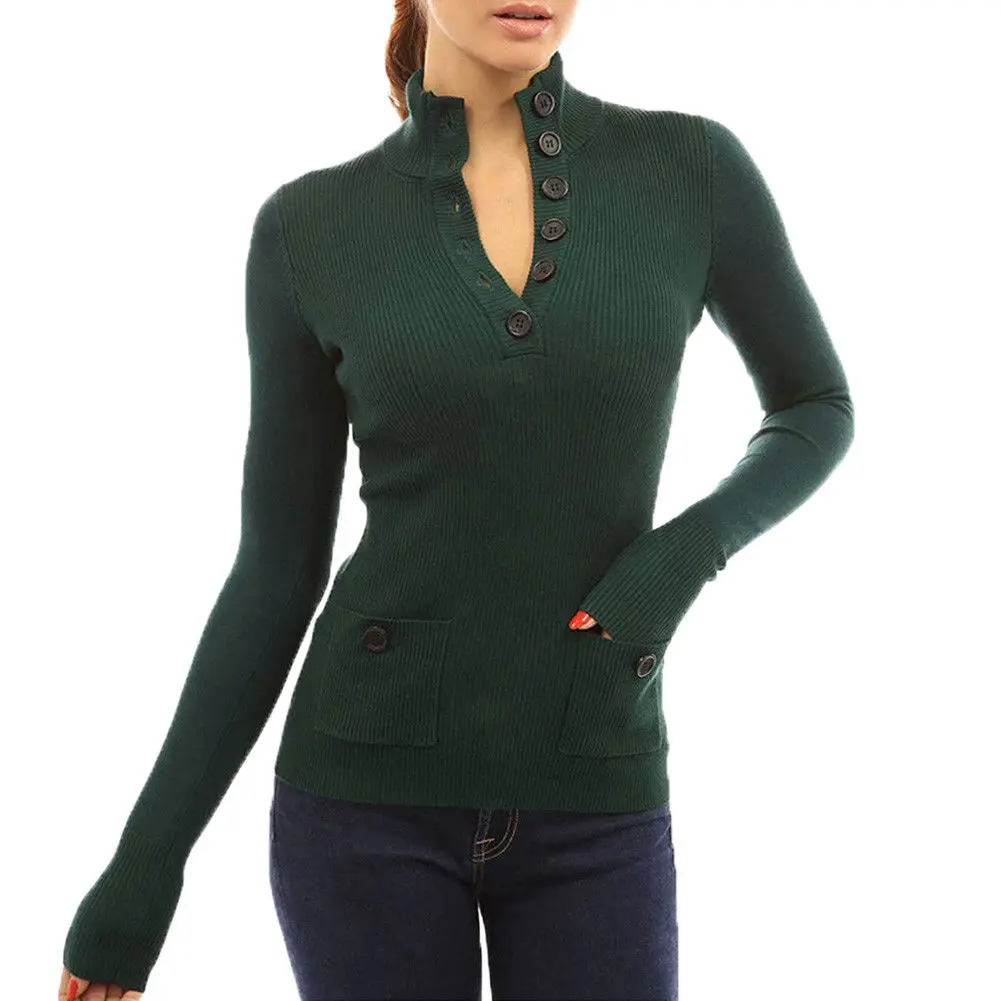 Женский свитер с длинным рукавом вязаный облегающий карманами на кнопках и