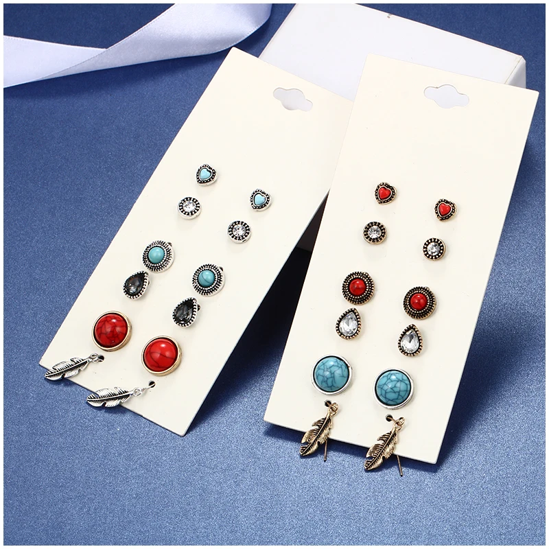 Shineland Fashion Accessories Stud Earring Sets 6 Pairs Round Waterdrop Leaves Resin Stone Crystal Earrings For Women Brincos | Украшения и
