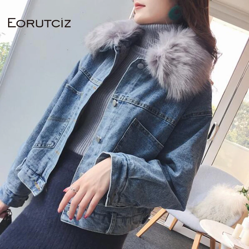 

EORUTCIZ Winter Velvet Jacket Women Fur Collar Denim Coat Thick Warm Fleece Vintage Oversize Autumn Jean Outerwear LM094