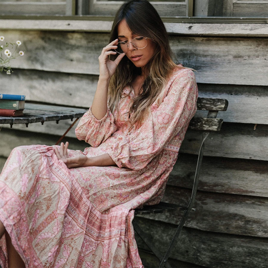 Женское платье с цветочным принтом Feccer розовое длинным рукавом свободные