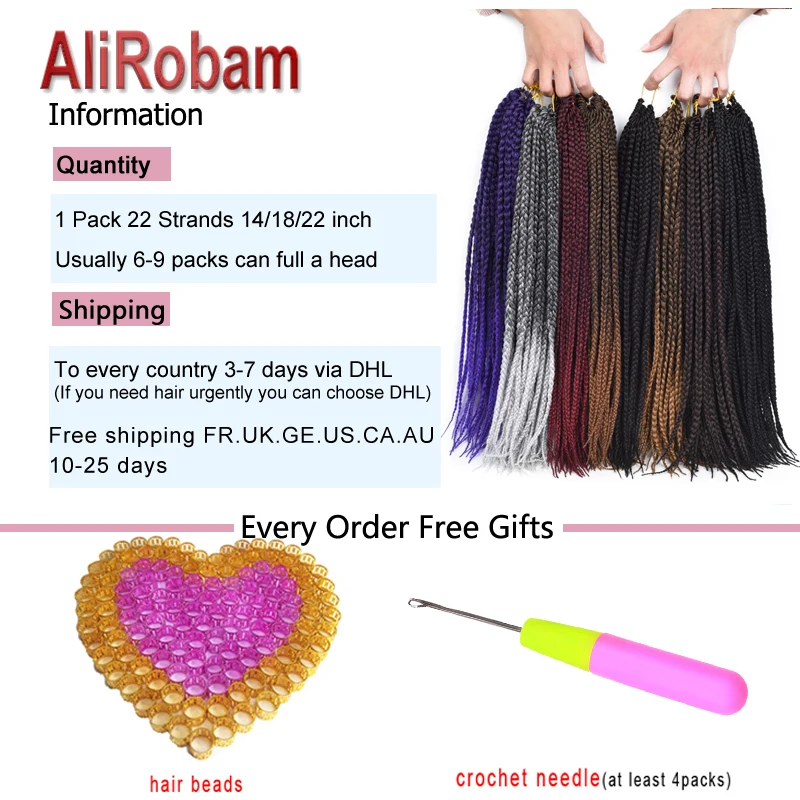 Alirobam, на крючках, косички, 3X коробка сплетенные волосы для наращивания 14/18/22 дюймов 22 волосы Virgin Hair(пакет низкотемпературное волокно синтетические крючком волос
