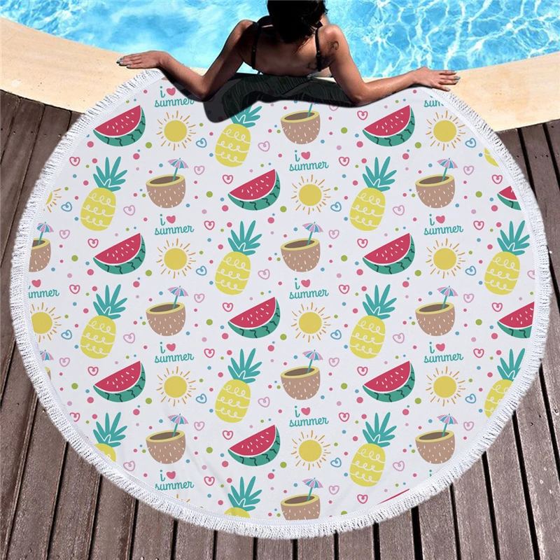 Круглое пляжное полотенце из микрофибры Casegrace милое с ананасами и кисточками для