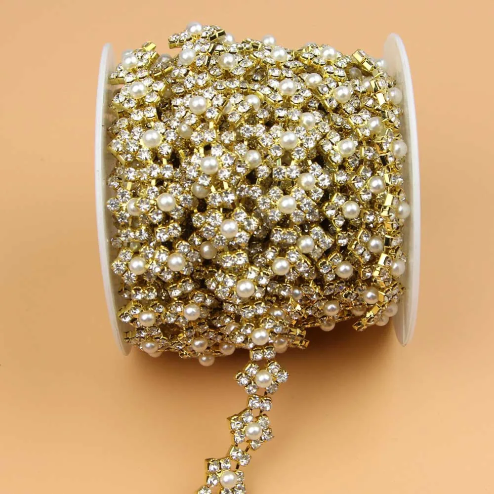 1 ярд блестящее прозрачное модное Золотое свадебное платье с жемчугом и стразами