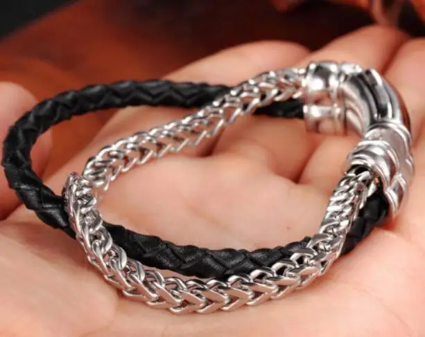Новый дизайн браслет цепочка из нержавеющей стали figaro черный натуральной кожи