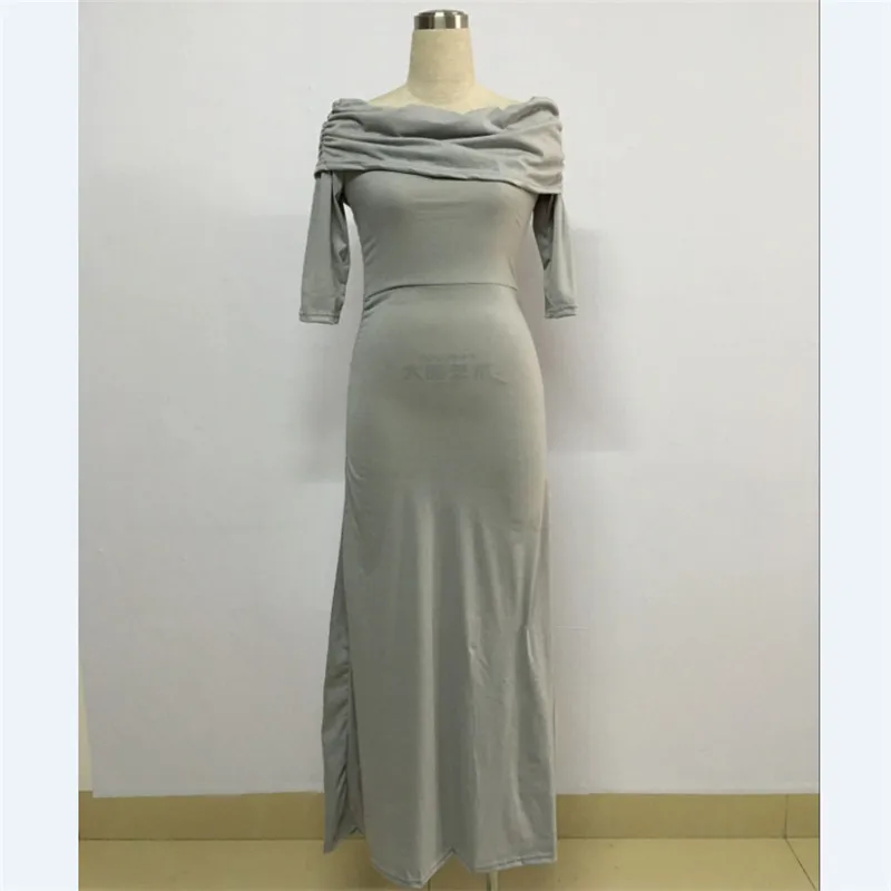 New fashion 2016 spring&ampfall women sheath elegant dress sexy slash neck solid grey causal womens party long maxi dresses TM327 | Женская