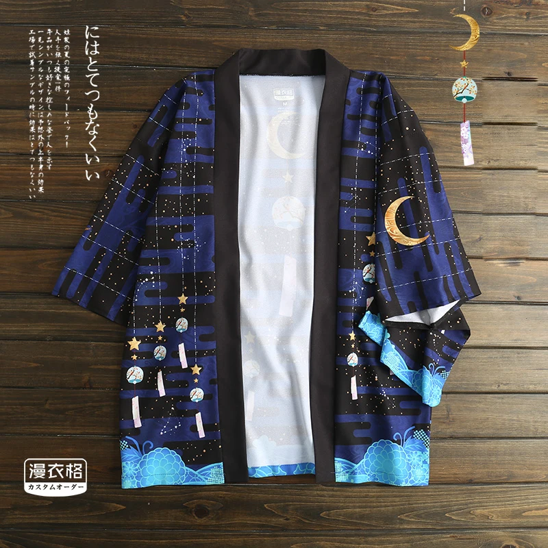 Japanese Style Star Moon Windbell Print Kimono Haori Yukata Fashion Summer Sunscreen Cardigan Coat Women Men Cosplay Couple Tops