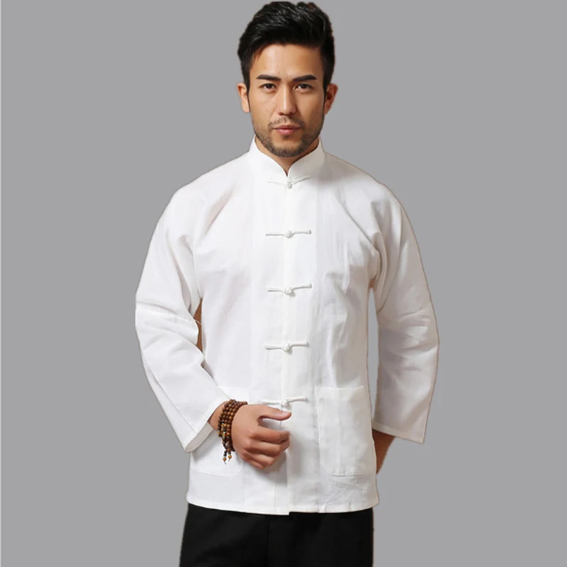 

White Men Cotton Linen Long sleeve Kung Fu Shirt Classic Chinese Style Tang Clothing Size S M L XL XXL XXXL hombre Camisa 020626
