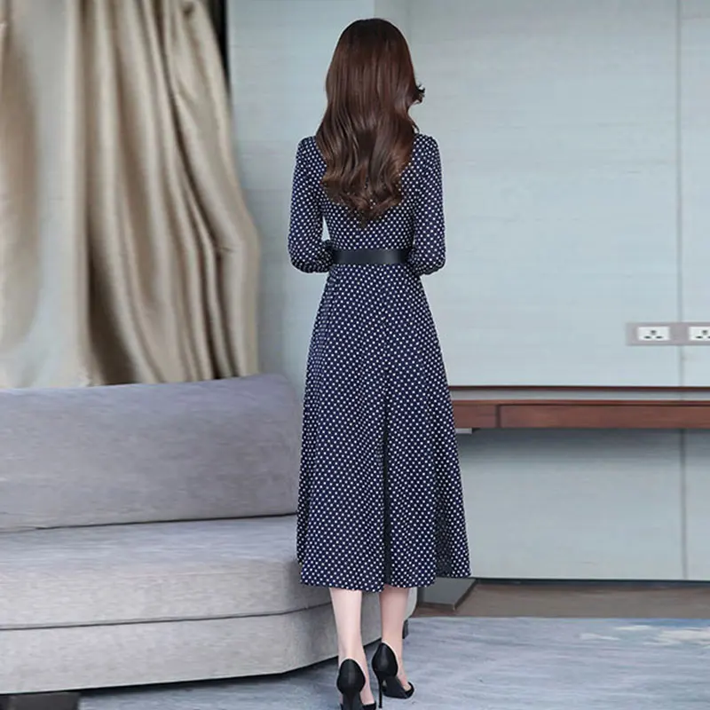 Осеннее платье женское средней длины винтажное в горошек Feminino Vestido пояс
