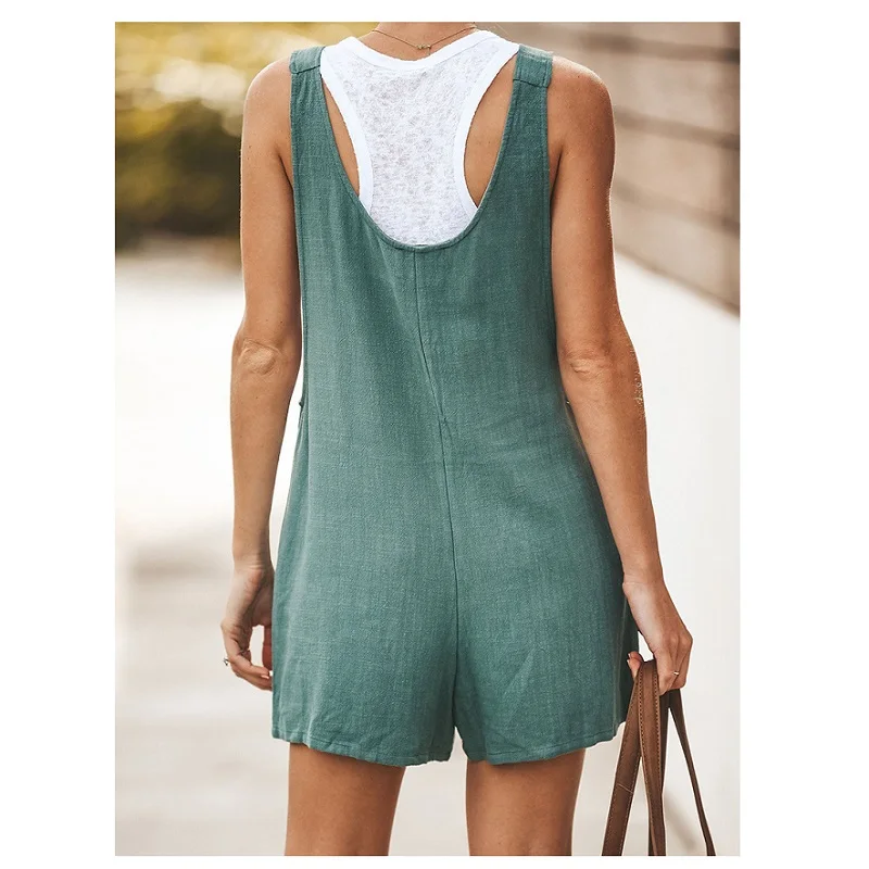 Женский прямой комбинезон из хлопка и льна летний Свободный с широкими штанинами