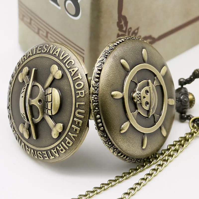 

Japan Anime Vintage Bronze Pirate Skull One Piece Quartz Pocket Watch Men Women Boys Necklace Pendant Chain Christmas Gift P28