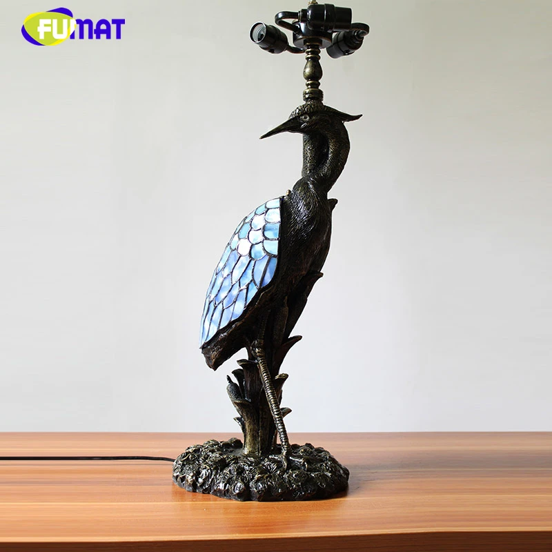 FUMAT Tiffany Quality Living Room European Stained Glass Wisteria Table Lamp Crane Bird Resin Stand Luxury Lamps | Лампы и освещение