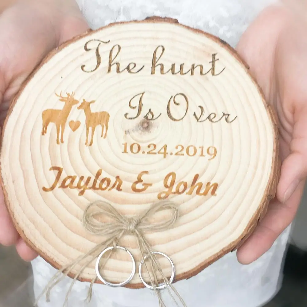 

Personalized Wood Ring Holder Rustic Country Wedding Custom engagementring Box The Hunt is Over with custom name and date