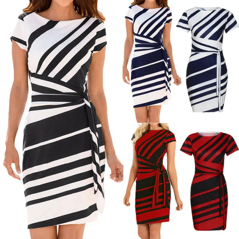 

Women Short Sleeve Bodycon Mini Dress Office Striped Pencil Formal Party Dresses