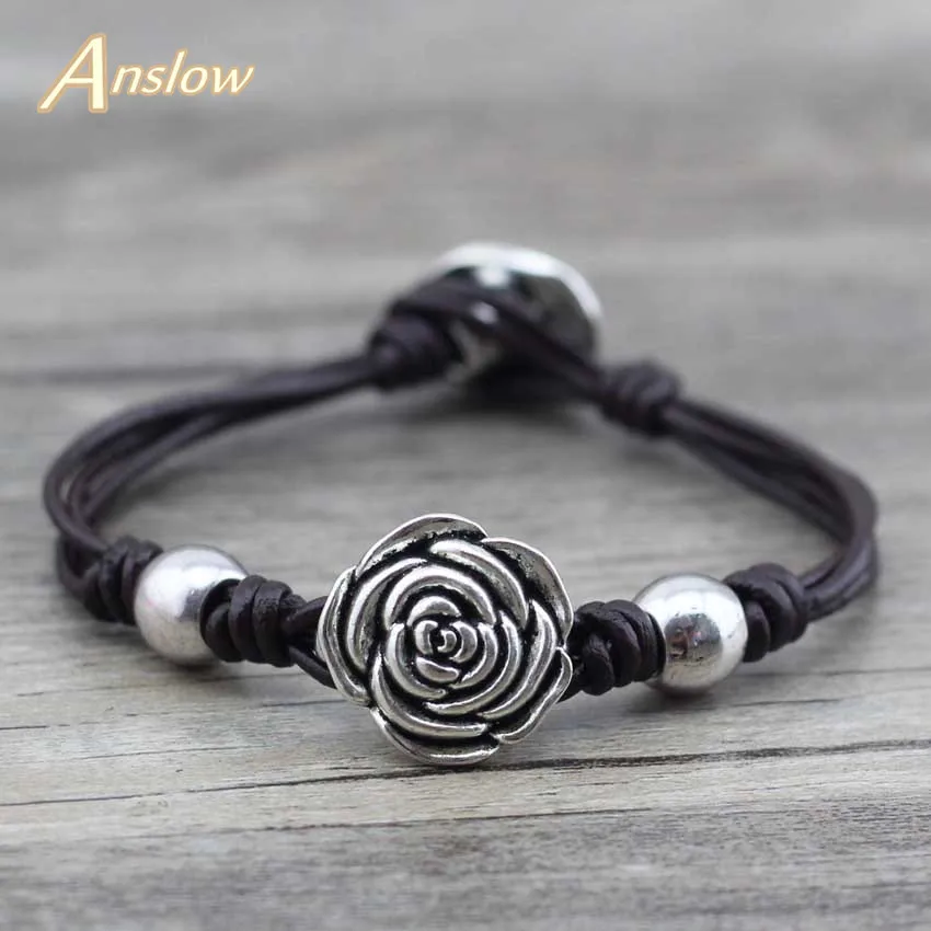 Женский кожаный браслет Anslow ручной работы с цветами и розой рождественский