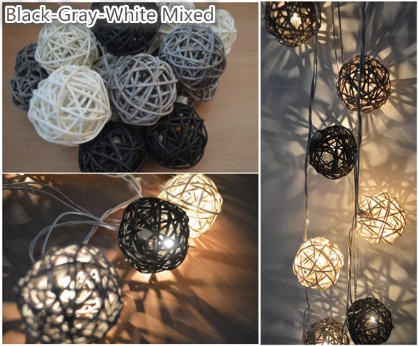 Black Gray white mix 20 шт./компл., цвет: черный, серый, белый, Микс ручной работы ротанга шарики гирлянды Фея вечерние гирлянда Патио Декор ночника - Цвет: Black Gray white mix