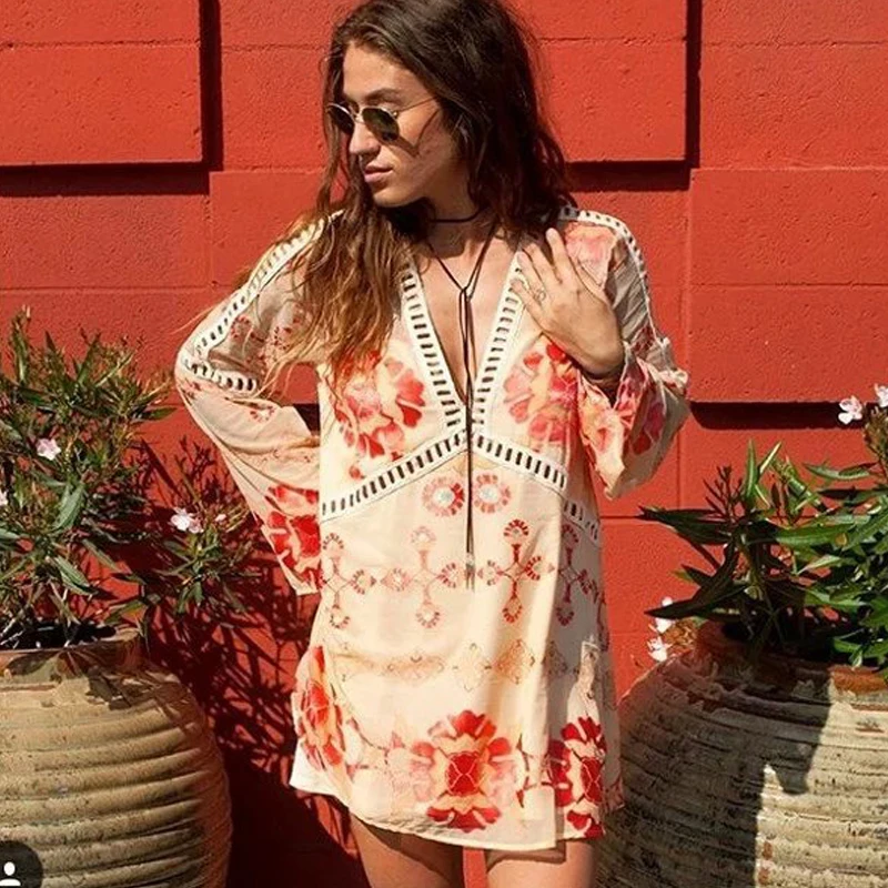Women Dresses Beach Fashion Pareo Print Swimsuit Cover ups Sexy Hollow Out Tunic Bikini Covers Robe De Plage Wear |