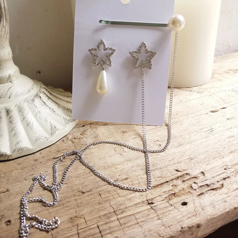 silver chain star RE women Сердце Звезда золото ассиметричные серьги шикарный жемчуг со стразами волосы серьги с цепочками кисточки бахрома заколки для волос ювелирные изделия J34 - Окраска металла: silver chain star