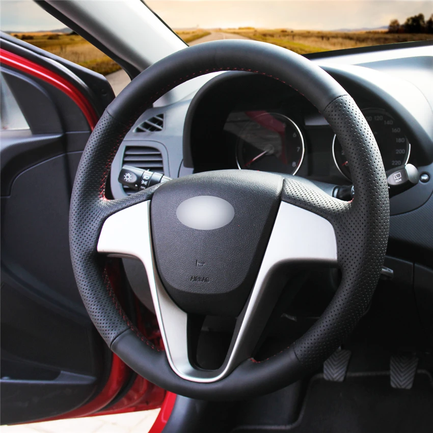 MEWANT черный искусственный кожаный чехол рулевого колеса автомобиля для hyundai Solaris(RU) 2010- Verna 2010- i20 2009- Accent