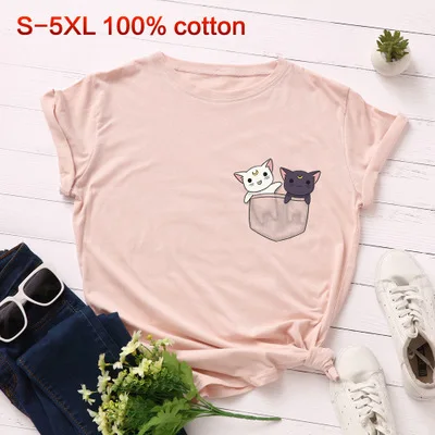 pink SINGRAIN/женская футболка с милым рисунком котенка из мультфильма, модные топы с карманом и котом из хлопка, большие размеры, футболка с принтом животных kawaii, Новинка - Цвет: pink