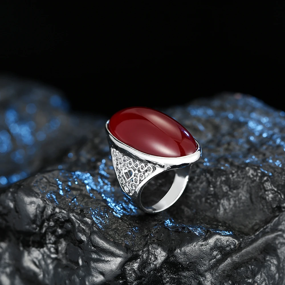 

Newest Design Exaggeration Red Resin Stone Rings for Women Hollow Out Metal Silver Plated Vintage Rings Fashion Jewelry J02842