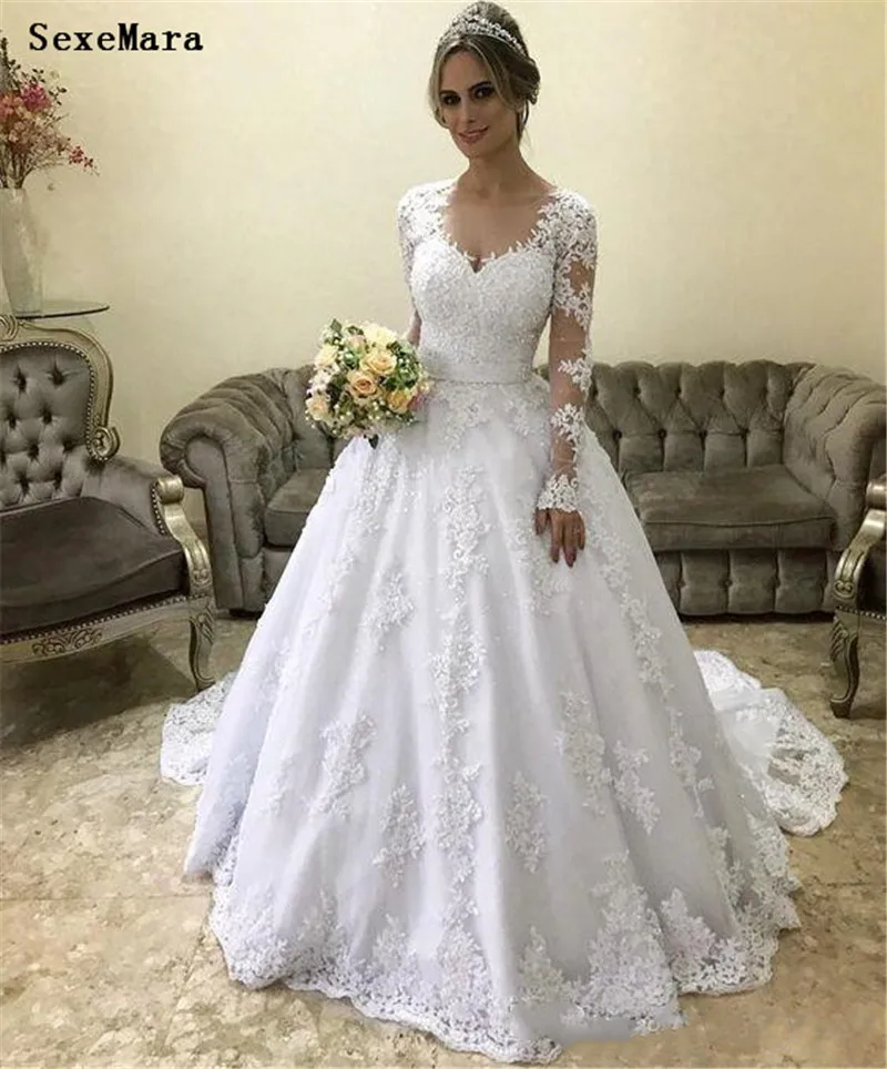 A Line White Wedding Dresses Lace Appliques Long Sleeve Sweep Train Bridal Gown vestido de novia High Quality Custom Made | Свадьбы и
