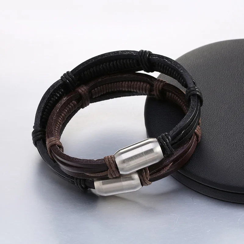 Fashion jewelry Bracelets &amp Bangles Leather simple domineering hand-woven leather men's bracelet stainless steel magnetic buckle |
