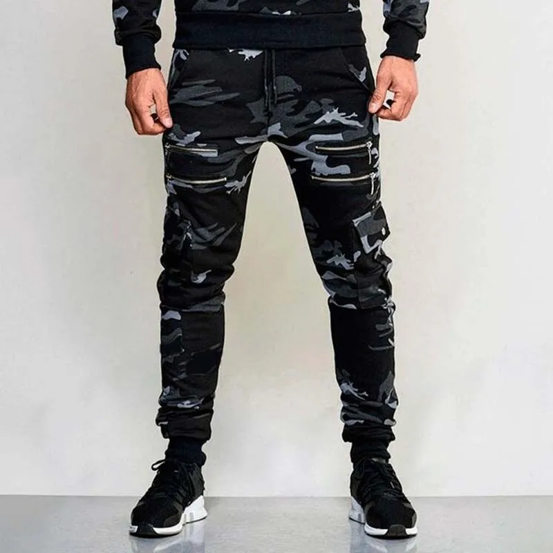 Camouflage Black Мужские камуфляжные брюки-карго с карманами на молнии в стиле милитари, спортивные брюки для фитнеса, мужские спортивные штаны для бега, спортивные штаны для мужчин в стиле хип-хоп, уличная одежда, спортивный костюм - Цвет: Camouflage Black