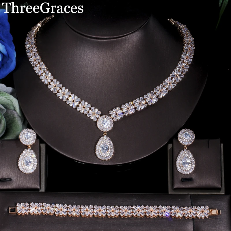 ThreeGraces Роскошные Дубай комплект ювелирных украшений золотистого цвета большая капля воды свадебное фианитовое Цепочки и ожерелья серьги Браслеты для невест JS057