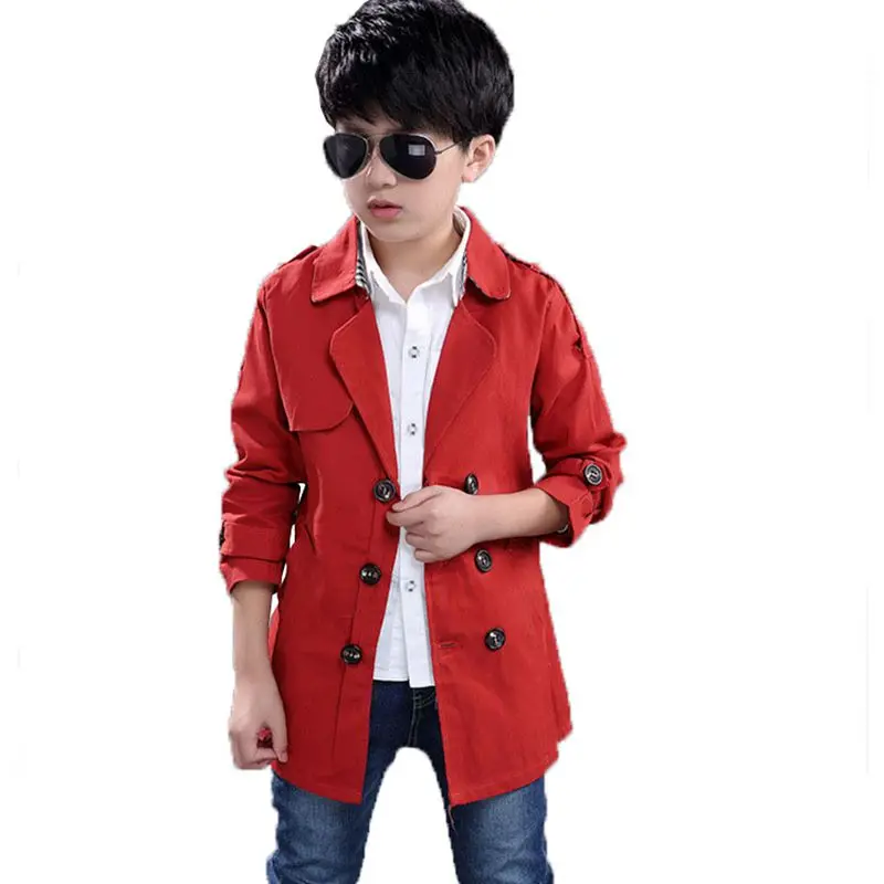 2017 Новинка весны и осень мальчиков длинный плащ сплошной цвет пальто двубортный