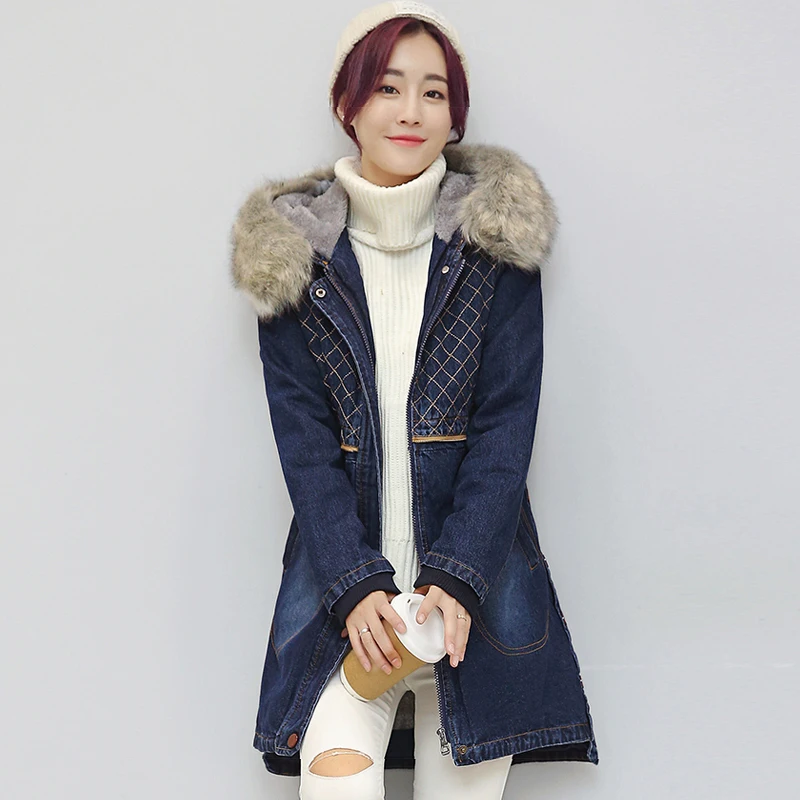 Зимняя горячая Распродажа новое утепленное джинсовое пальто средней длины