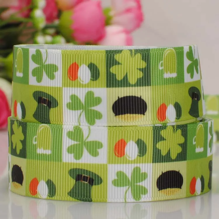 Лента с принтом Зеленый клевер 7/8 дюйма 22 мм|printed grosgrain ribbon|grosgrain ribbongift ribbon |