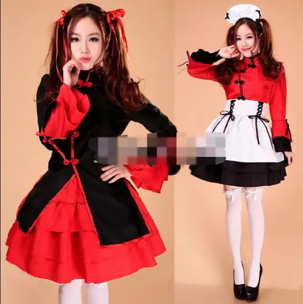 

Free shipping Japanese Dancer Lolita Maid Chinese style cosplay Restaurant cafe cute girls Lolita Maid dresses set