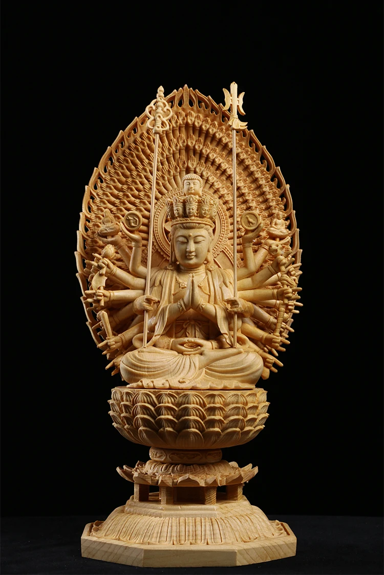 Japan Carving Buddha Statue Guanyin and The Thousand Arms Goddess Western Trinity Solid Wood Feng Shui Buda Statues for Decors