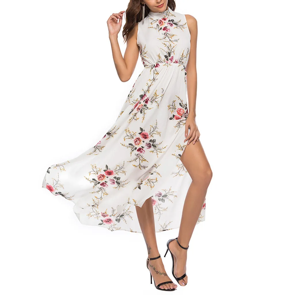 Women Summer Floral Print Beach Dress Ladies Sexy Thigh Slit Slip Midi Halter Sleeveless High Waist Tank Vestido | Женская одежда