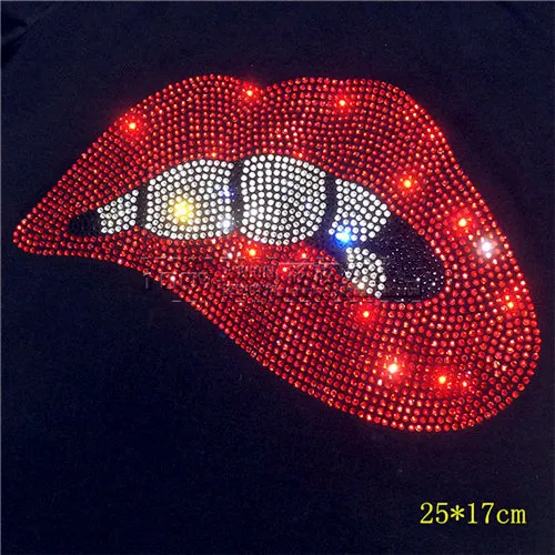 

2pc/lot Big red mouth hot fix rhinestone transfer motifs iron on crystal transfers design patches fixing rhinestones for shirt