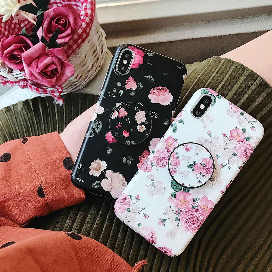 Silicon Phone 7 8 Plus XS Max XR Black Rose flower Floral Cases For iPhone X 6 s 6S Bracket Chinese rose Soft Cover | Мобильные