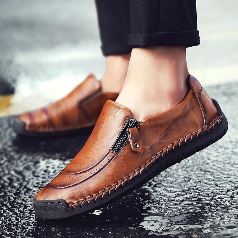 2019 mens shoes Four Seasons Fashion Casual soft Comfortable hand-stitched Slip-On Round Toe genuine leather flat Sewing red | Обувь