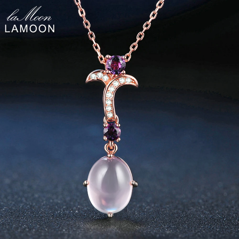 LAMOON- Flower 8X10mm 100% Natural Gemstone Oval Rose Quartz Chain Necklace 925 Sterling Silver Jewelry LMNI013 | Украшения и