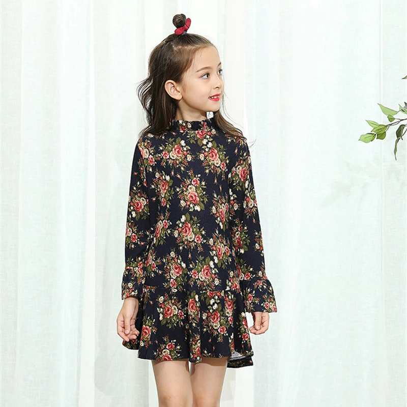 2017 Autumn Kids Flower Printed Long Sleeves Clothes Children Elegant Party Wedding Princess Dresses Girls Preppy School Wear | Детская