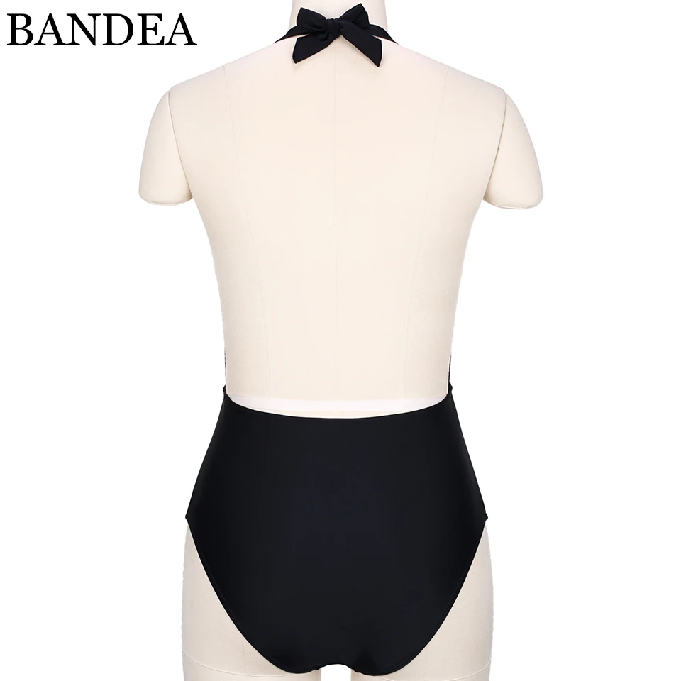 

BANDEA One Piece Swimsuit Vintage Solid Black Swimwear Women Sexy Deep V Neck Bathing Suit Beach Wear Padded Monokini 2019