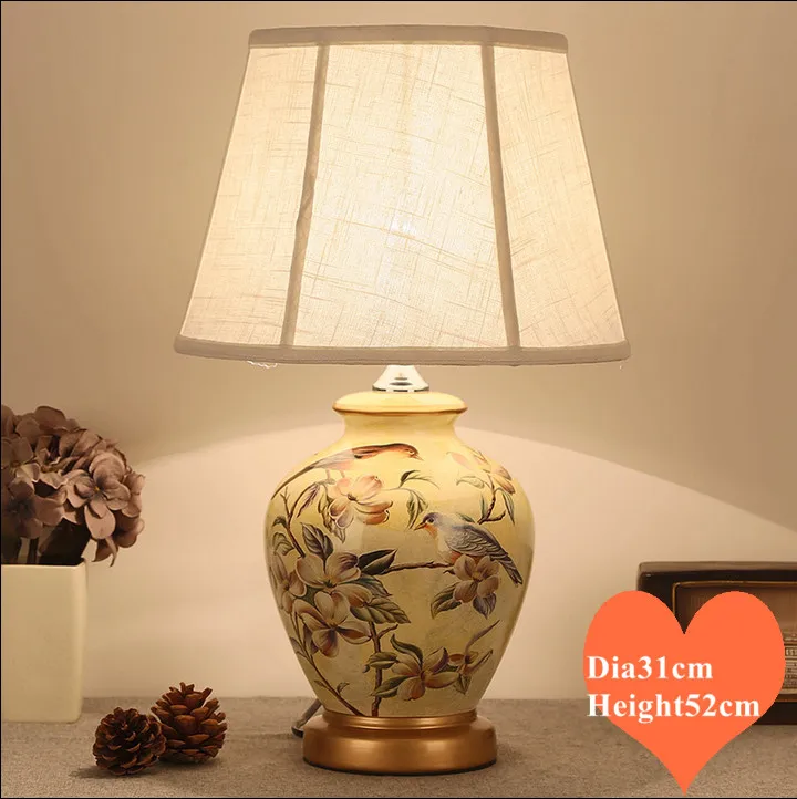 

Chinese rustic yellow flower bird ceramic Table Lamps Dimmer/Touch switch fabric E27 LED lamp for bedside&foyer&studio MF019