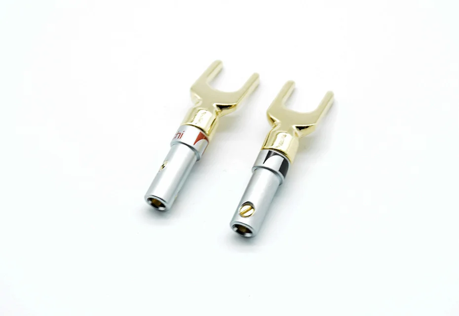 2pcs red+black Nakamichi Brass Gold plated and Silver Plated Y Spade Speaker Plugs Audio Screw Fork Connector Adapter