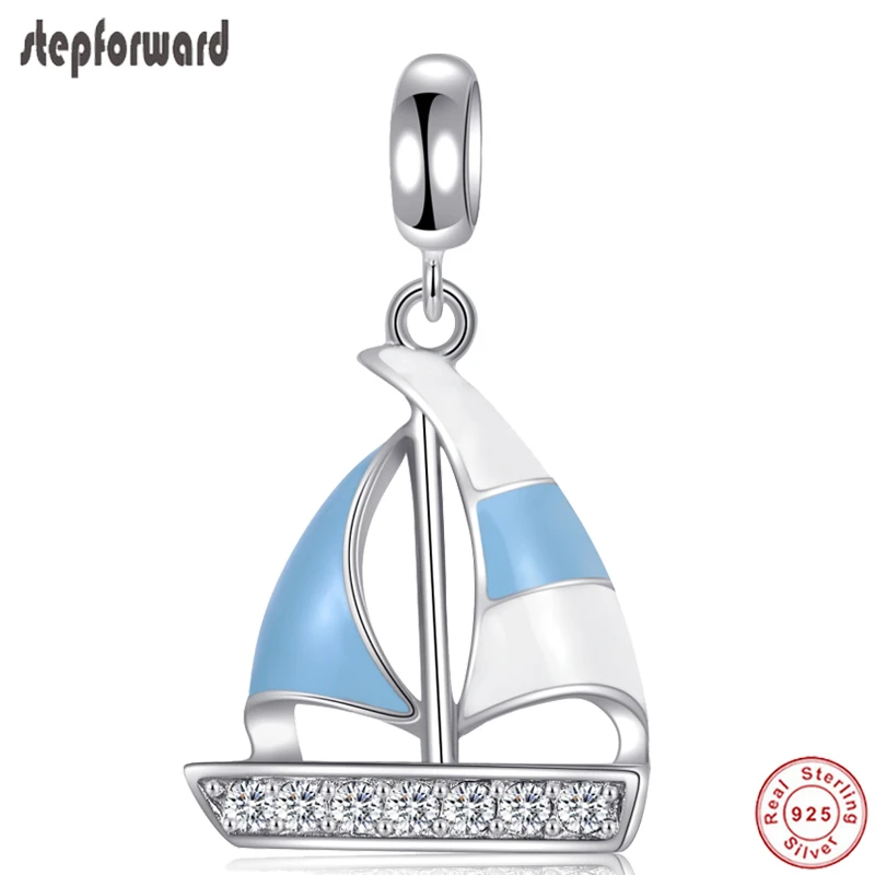 

STEP FORWARD 925 Sterling Silver Sailing Boat Hanging Charm Fit Charms Bracelet Bangle Necklace For Women Valentine's Day Gift