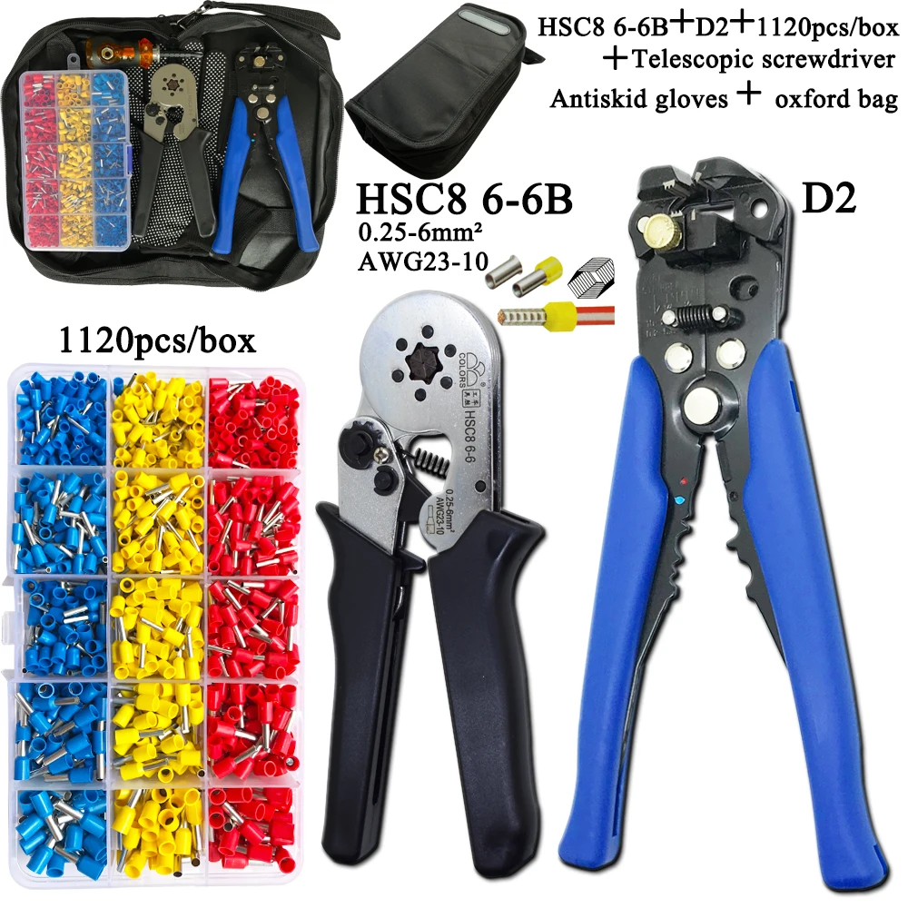 

HSC8 Pliers Kit D2 Wire Cutting Pliers Tube Type Terminal Box Electrical Clamp Terminal Tube Tool Black 6-6B 0.25-6mm2 Crimping