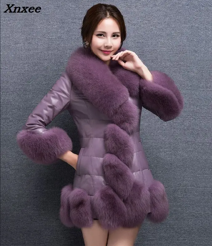 2018 Winter Hot Sale Purple PU Stitching Faux Fur Coats Women Fake Fox Collar Long Leather Jacket Black Slim Outerwear Mex
