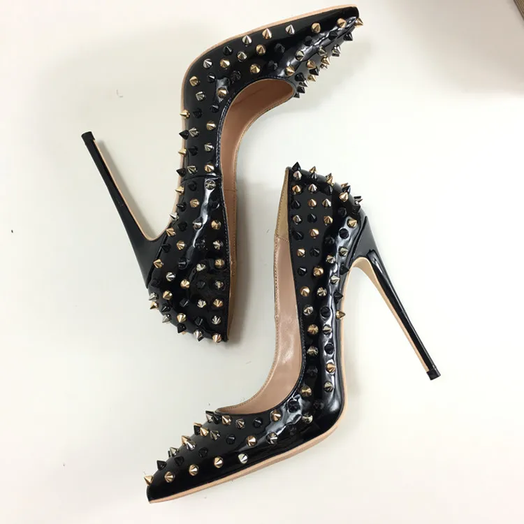 

2018 New Fashion Patent Leather Rivets Studded High Heels 12CM Heels Pointed Toe Woman Pumps Runway Thin Heels Shoe